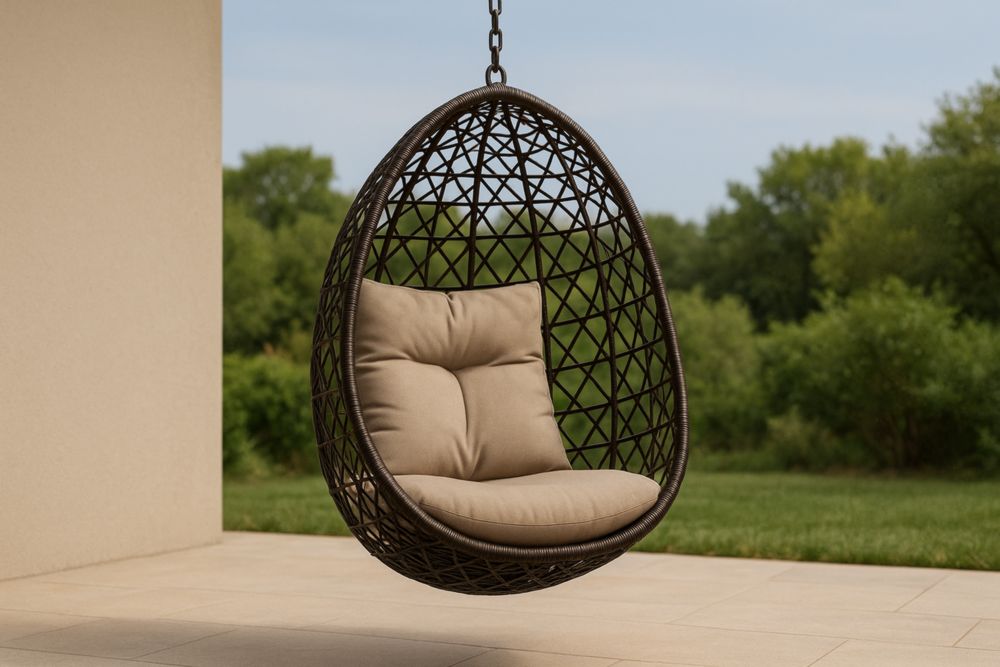 Fauteuil Suspendu en Rotin Synthétique Oeuf Beige Coussin Amovible