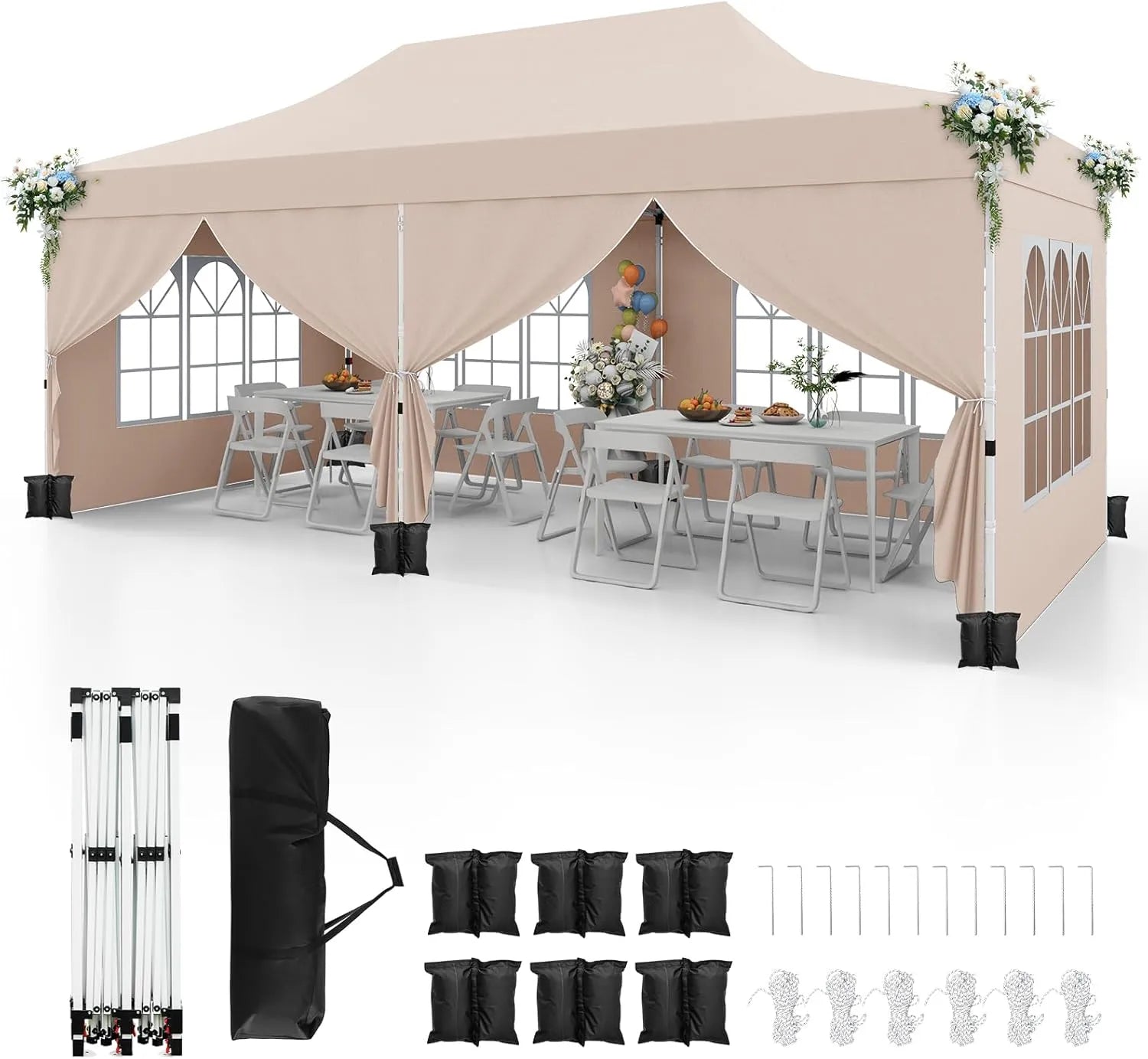 COSTWAY Tonnelle de Jardin 3x6M avec Parois Latérales Amovibles, Tente de Réception Pliable avec Sacs de Sable et Sac de Transport, Idéale pour Mariages et Barbecues - Beige