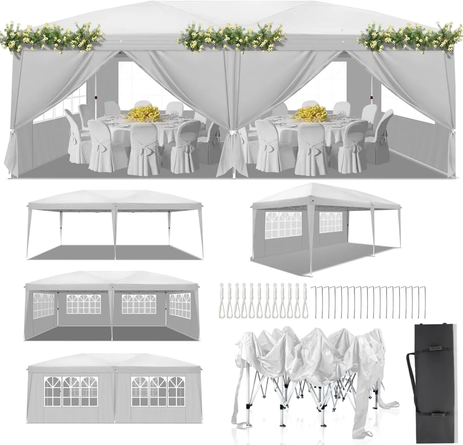 Tonnelle Pliante 3x6m LEADZM avec Protection UV 50+, Hauteur Réglable, 6 Parois Latérales, Cadre en Acier - Idéale pour Jardin, Fêtes, Camping - Blanche