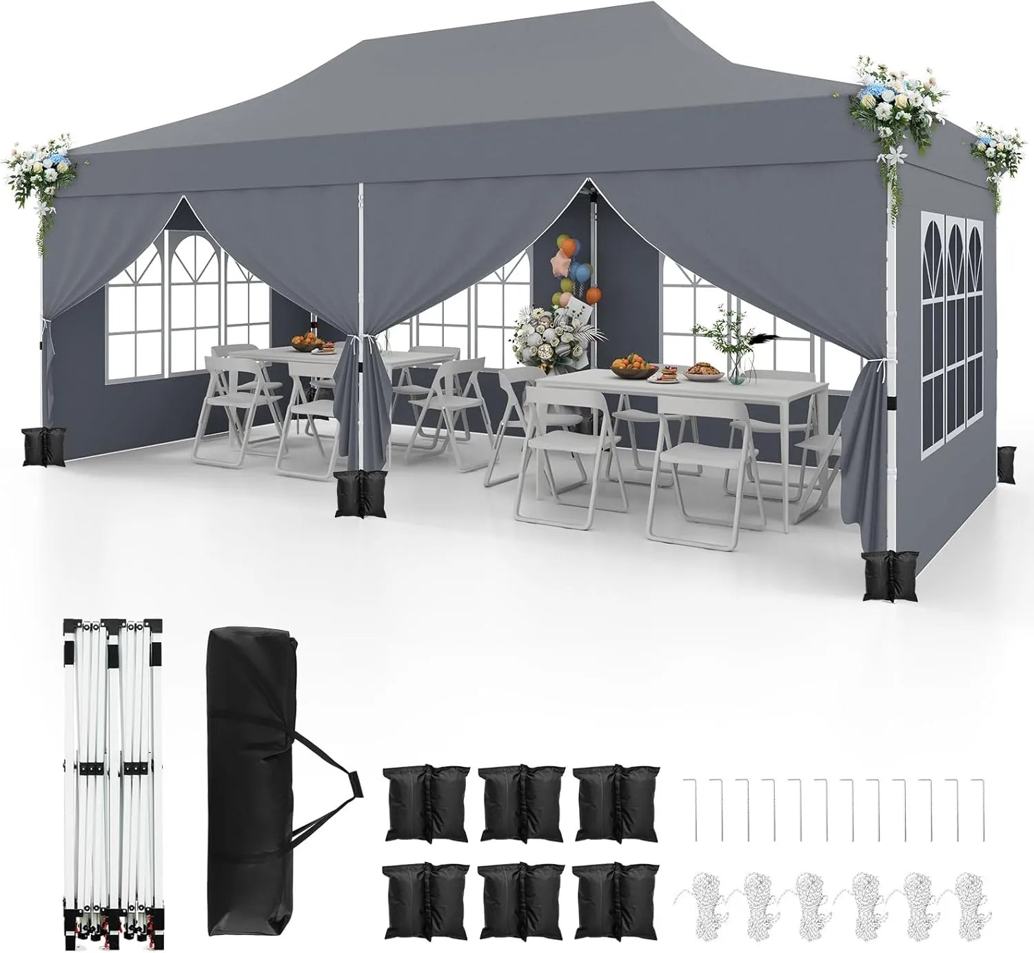 Tonnelle de Jardin Escamotable 3x6M avec Parois Latérales Amovibles et Sacs de Sable - Gris