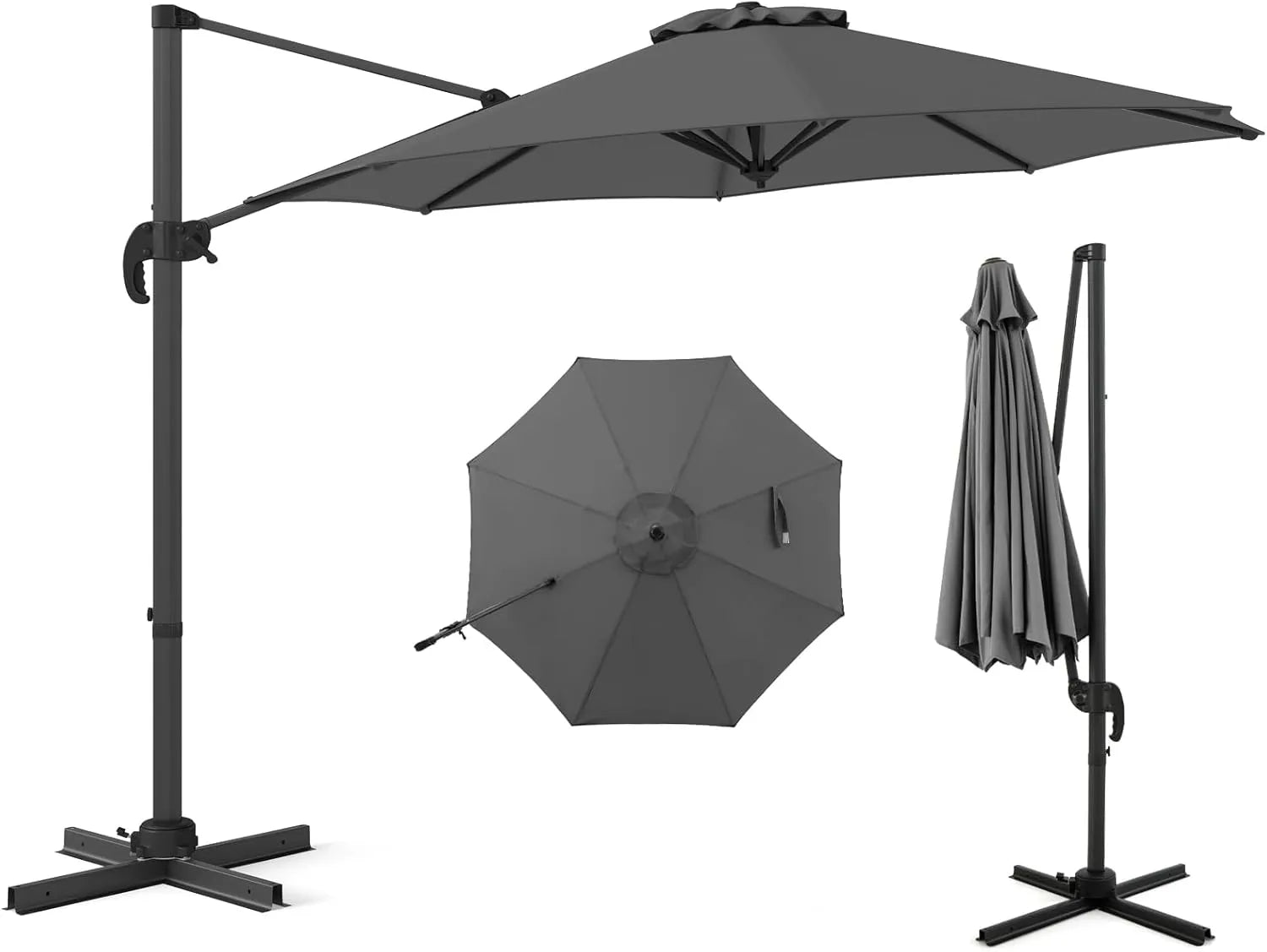 Parasol Déporté 3M Professionnel - Anti-UV, Pivotant 360°, Inclinable - Poteau Aluminium pour Jardin, Terrasse, Balcon (Gris)
