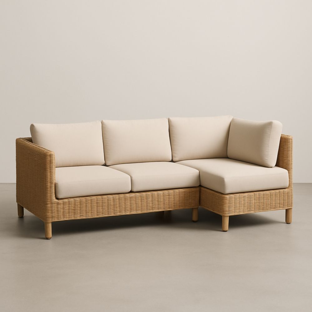 Canapé d'angle en rotin avec coussins en polyester beige