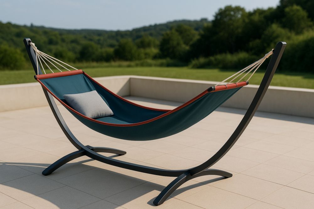 Hamac avec Support en Acier et Tissu Bleu et Rouge