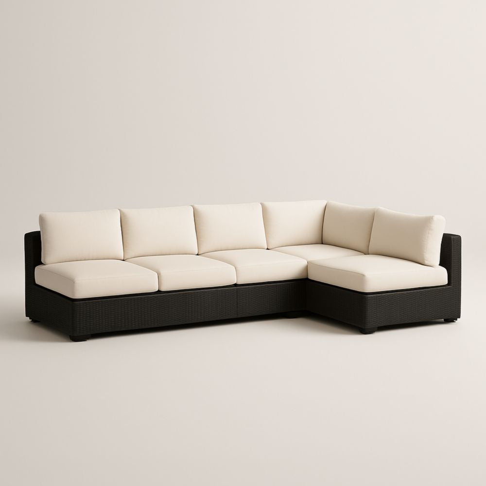 Canapé d'angle modulaire extérieur en résine tressée noire avec coussins beige